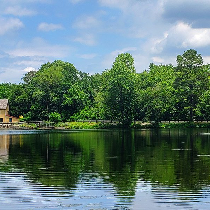 Pond bordered by trees at Abbott’s Mill Nature Center.