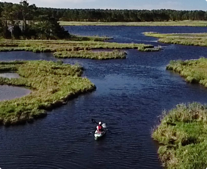 Wetland with open water surrounded by marsh grasses.
