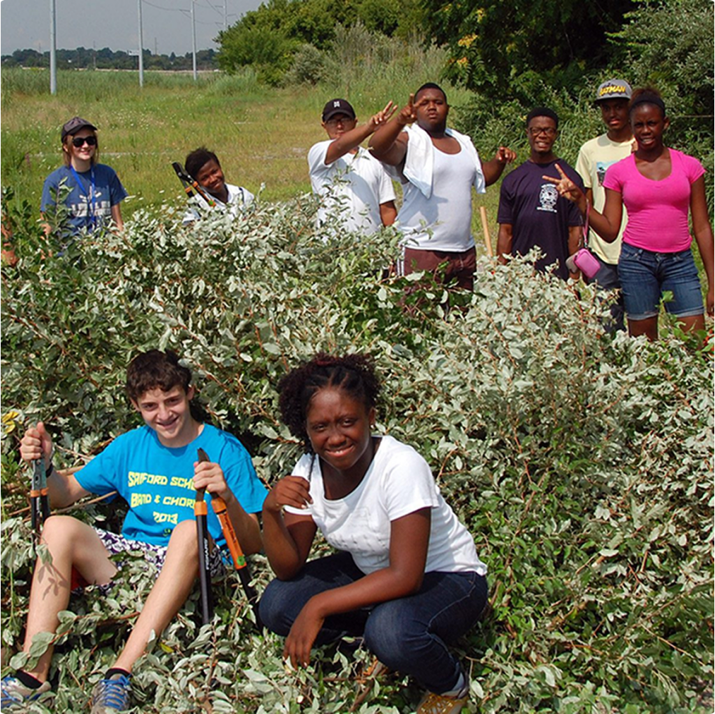 Children and adults participating in an outdoor nature activity.
